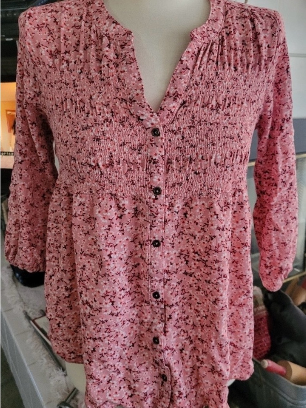 Pink Floral Smocked Button-Front Women's Top